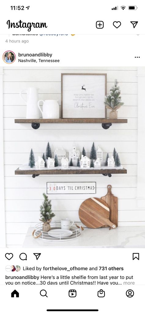 Christmas Decir, Diy Shelf Decor, Ashley Home, Kitchen Shelf Decor, Floating Shelf Decor, Shelf Decor Living Room, Christmas Village Houses, Christmas Kitchen Decor, Christmas Decor Inspiration