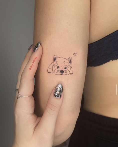 Simple Cute Dog Tattoo, Small Westie Tattoo, Tiny Tattoo Dog, Westie Dog Tattoo, Westie Tattoo Minimalist, Fine Line Dog Portrait Tattoo, Westie Tattoo Ideas, Creative Dog Tattoos, Westie Tattoos