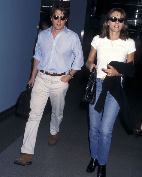 ✨It’s giving ‘airport chic but we forgot our flight details’✨ Elizabeth Hurley 90s, Mens Airport Style, Black Versace Dress, Airport Chic, Versace Dresses, Influencer Style, Red Carpet Style, Couple Fits, Hugh Grant