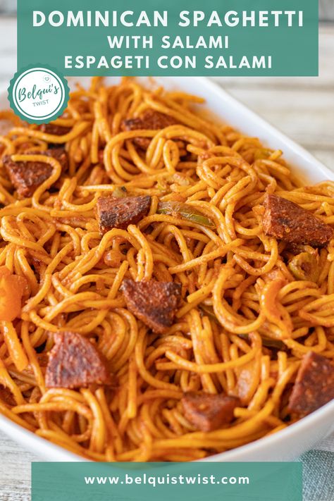 Dominican Spaghetti With Salami, Honduras Spaghetti, Dominican Breakfast Recipes, Dominican Salami Recipes, Spanish Cooking Recipes, Dominican Meal Prep, Mangu Dominicano Recipes, Easy Dominican Food Recipes, Spaghetti Dominicano