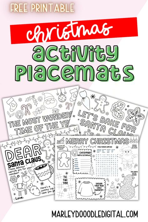 Keep the kids entertained this Christmas with these 4 free printable activity placemats! Perfect for Christmas parties, family meals, or school events, these placemats include coloring pages and games to keep kids busy. One special design even has spaces for Santa’s cookies, milk, and reindeer treats! Download your free Christmas activity placemats today and add some holiday fun to your table! Kids Christmas Placemats, Kids Christmas Table Ideas, Christmas Place Mats Free Pattern, Christmas Placemats Kids, Grinch Placemats, Christmas Table Activities, Christmas Placemats Pattern Free, Kids Table Christmas, Teen Christmas Party