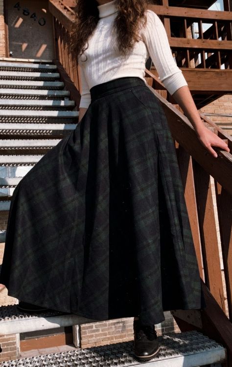 Dark Academia Modest, Long Skirt Academia Outfit, Long Flannel Skirt, Outfits With Mid Length Skirts, Emilycore Outfits, Elegant Academia, Dark Academia Outfit Long Skirt, Long Plaid Skirt Outfit Winter, Long Plaid Skirts