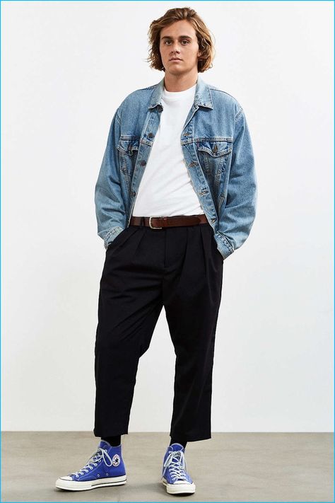 Cropped Suit Men, Suit Men Aesthetic, Blue Converse Outfit, Pants Mens Fashion, Cropped Pants Outfit, Cropped Suit, Fashion Outfits Men, Men Aesthetic, Blue Converse