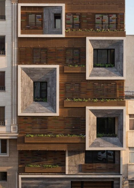 Orsi House by Keivani Architects Hotel Facade, Apartment Block, زجاج ملون, Glass Facades, Design Exterior, Building Facade, Wooden Slats, Facade Architecture, Tehran