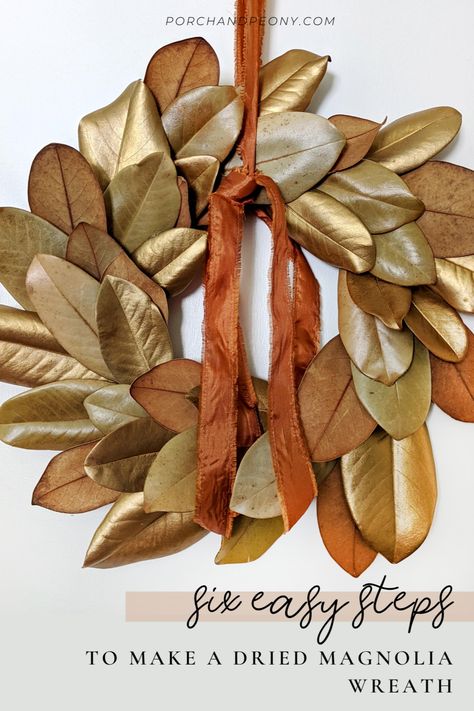 Dried Magnolia Leaf Wreath, Dried Magnolia Leaves, How To Dry Magnolia Leaves, Decorating With Fall Leaves, Fall Magnolia Wreath, Dried Leaf Crafts, Magnolia Fall Decor, Magnolia Leaves Christmas, Magnolia Wreaths