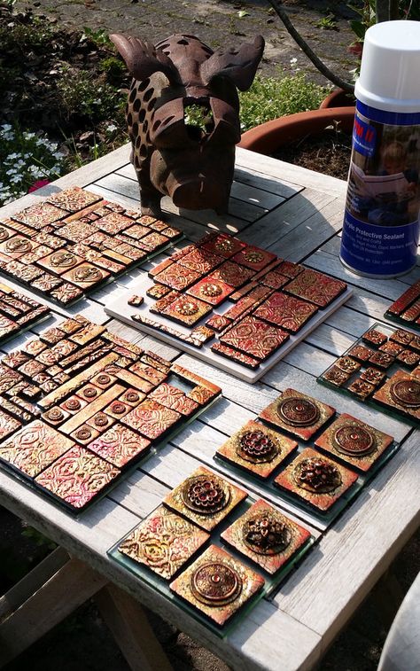 Polymer Clay Tiles How To Make, Polymer Clay Tiles, Polymer Clay Quilt, Clay Mosaic Tiles, Polymer Clay Tiles Mosaics, Polymer Clay Textured Tiles, How To Make Tiles, Clay Tiles, Mosaic Tiles