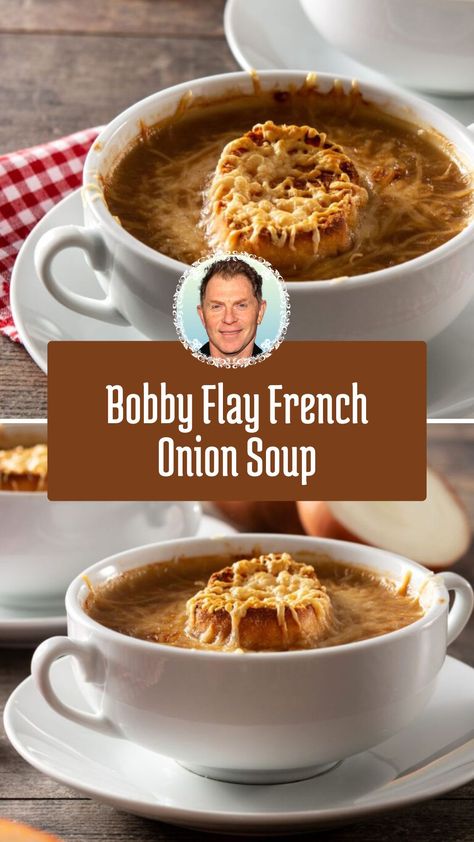 This delicious French onion soup by Bobby Flay is a comforting classic with a rich, savory flavor. Perfect for cozy nights, it features caramelized onions, a splash of white wine, and a gooey layer of melted Gruyère over crispy baguette slices. With simple ingredients and an irresistible aroma, it’s a must-try for any soup lover! Best French Onion Soup, Baguette Slices, Bobby Flay Recipes, French Onion Soup Recipe, Onion Soup Recipes, Soups Recipes, Bobby Flay, Soup Crocks, Gruyere Cheese