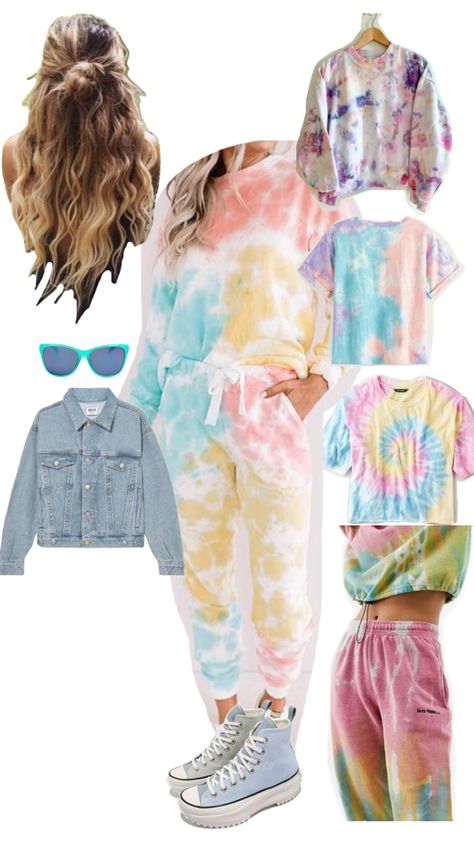 Die tie tracksuit. Tie dye joggers. Tie dye sweater. Denim jacket. Converse wedges. Sunglasses. Natural wavy hair. Converse Wedges, Tie Dye Outfit, Tie Dye Joggers, Natural Wavy Hair, Tie Dye Sweater, Tie Dye Outfits, Wavy Hair, Denim Jacket, Converse