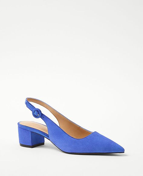 We designed these refined leather cap toe slingbacks with a comfortable block heel, for an irresistible pairing. Pointy toe. Adjustable buckle at side ankle for secure fit. Padded footbed for complete comfort. 1 3/4" heel.,Imported:Imported,Fabrication:Suede Suede Block Heel Slingback Pumps by Ann Taylor Size regular - 6 1/2 Dazzling Blue Women's Medium, High, Heels, Pumps, Footwear, Suede Funky Wedding Shoes, Blue Slingback Heels, Block Heel Slingback, Closed Toe Heels, Colorful Heels, Womens Summer Shoes, Suede Block Heels, Slingback Heel, Leather Cap