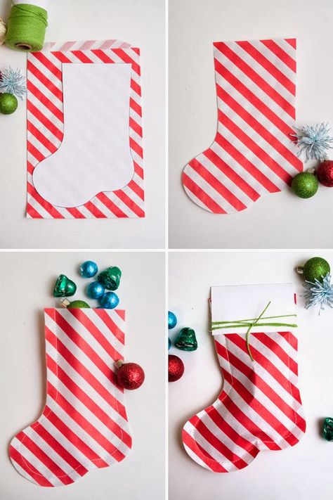 Cómo hacer calcetines de papel para envolver regalos | Pequeocio.com Red Christmas Stockings, Diy Santa, Holiday Christmas Party, Santa Stocking, Celebrating Life, Christmas Party Favors, Navidad Diy, Xmas Party, Christmas Treats