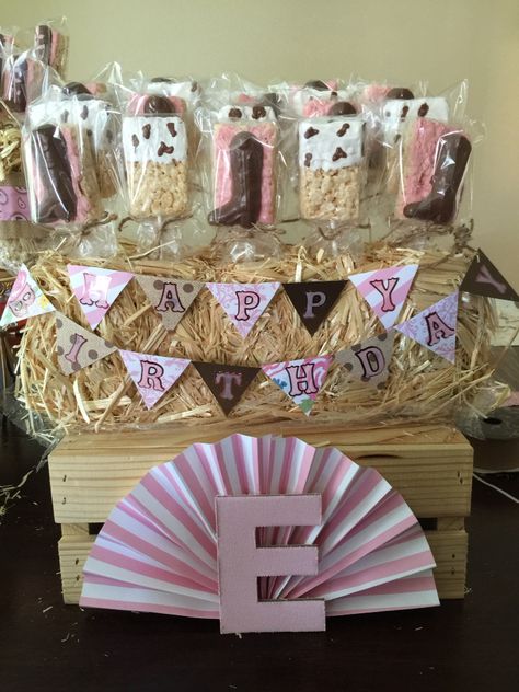 Rice Krispy treats with chocolate, cowgirl Cowgirl Rice Krispie Treats, Cowboy Rice Krispie Treats, Cowgirl Candy Table, Cowgirl Treats, Rodeo Birthday Party Ideas, 1st Rodeo Birthday Party, 1st Rodeo Birthday, Rodeo Birthday Party, Kitty Birthday Cake