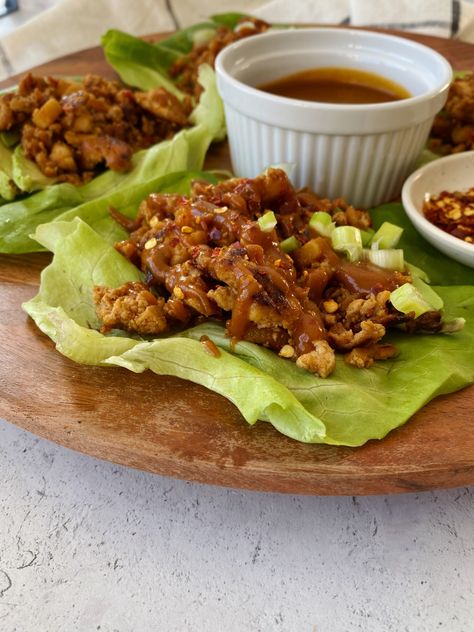 Crumbled Tofu Lettuce Cups with Peanut Sauce - Something Nutritious Crumbled Tofu, Peanut Sauce Recipe, Dinner Rotation, Lettuce Cups, Like Chicken, Extra Firm Tofu, Chili Garlic Sauce, Spicy Chili, Recipe Board