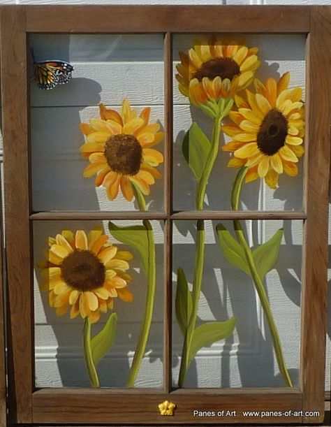 Panes of Art, Barn Quilts, Hand Painted Windows, Window Art ... Ideas With Old Windows, Upcycled Windows, Painted Window Panes, Old Window Art, Old Window Crafts, Hand Painted Windows, Painting Windows, Window Pane Art, Barn Wood Art