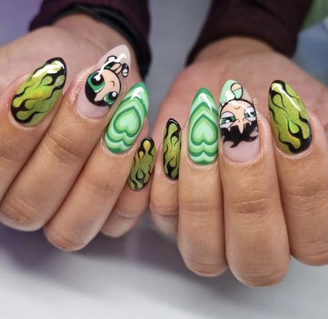 Totally Spies Nails, Dbz Nails, Groot Nails, Cosmo And Wanda Nails, Power Puff Girls Nails, Powerpuff Girls Nail Art, Steven Universe Nails, Animated Nails, Era Nails