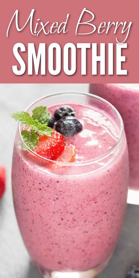 Thick mixed berry smoothie recipe is loaded with raspberries, strawberries, blueberries, banana, vanilla Greek yogurt. #smoothie #berrysmothie #mixedberries #mixedberrysmoothie #smoothierecipe #fruits #summersmoothie #breakfastsmoothie #breakfastrecipes #healthyrecipes #healthy #recipe Frozen Fruit Smoothie, Energy Breakfast, Resep Smoothie, Mixed Berry Smoothie, Berry Smoothie Recipe, Best Smoothie, Summer Breakfast, Strawberries Blueberries, Summer Smoothies