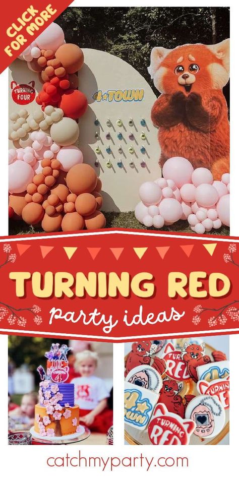 Check out this fantastic Turning Red-themed birthday party! The cookies are a blast! See more party ideas and share yours at CatchMyParty.com Red Panda Themed Birthday Party, Turning Red Centerpiece Ideas, Red Panda Party Decorations, Turning Red Birthday Party Food, Turning Red Theme Party, Turning Red Birthday Party Cake, Turning Red Cookies, Red Panda Birthday Party Ideas, Turning Red Birthday Party Decorations