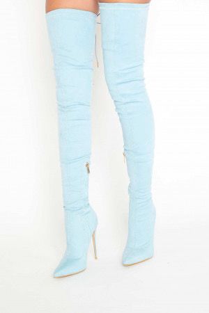 Light Blue Knee High Boots, Light Blue Thigh High Boots, Blue Thigh High Boots, Blue Knee High Boots, Velvet Thigh High Boots, Baby Blue Heels, Fancy High Heels, Thigh High Stiletto Boots, Bota Over