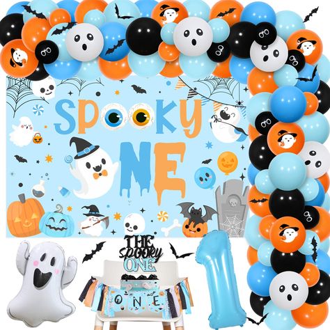 PRICES MAY VARY. Halloween 1st Birthday Party Decorations: You will get 50 x latex balloons(12 inches), 15 x latex balloons(5 inches), 1 Spooky One Backdrop, 1 the spooky one cake topper, 1 one high chair banner, 1 blue number foil balloon, 1 white ghost foil balloon, 12 x bat wall stickers, which can meet all your demands for Halloween spooky one first birthday party Blue and Orange Balloons Garland Kit: The mainly color of the one birthday balloon garland arch kit is blue, orange and black, wh One Spooky Dude Birthday Cake, Halloween Birthday Party For Kids Decor, 1st Birthday Boy Halloween Themes, Baby Halloween Birthday Party, 1st Birthday Halloween Theme Boy, The Spooky One First Birthday Boy, October 1st Birthday Boy, October First Birthday Boy, Halloween First Birthday Boy