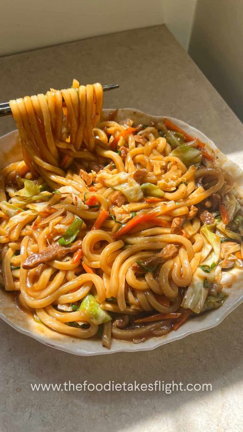 Easy Saucy Udon Noodles - The Foodie Takes Flight Recipes Using Udon Noodles, Udon Noodle Recipe Vegetarian, Noodle Photography, Udon Noodle Stir Fry, Udon Noodle Recipe, Chicken Udon Noodles, Chicken Udon, Beef Udon, Japanese Noodle Dish