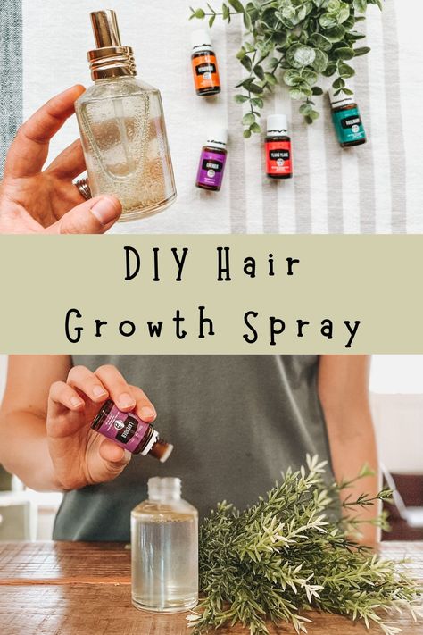 glass spray bottle filled with DIY hair growth spray being filled up on a wood countertop and held up in front of essential oil bottles Herbs That Make Your Hair Grow, Hair Oil Essential Oil, Essential Oil Hair Growth Serum, Natural Hair Growth Spray, Rosemary Essential Oil Spray For Hair Growth, Hair Spritz With Essential Oils, Rosemary Oil Spray For Hair Growth, Essential Oil Hair Growth Recipes, Young Living Hair Growth Spray