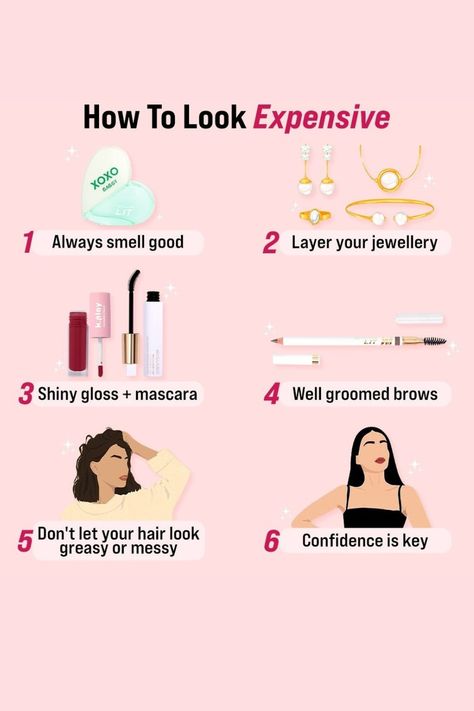 How To Look Girly Style Tips, Fabrics That Look Expensive, How To Look Expensive In School, How To Look Perfect All The Time, How To Look High Maintenance, How To Look Elegant In School, Women Glow Up Tips, How To Look Effortless, How To Look Luxurious