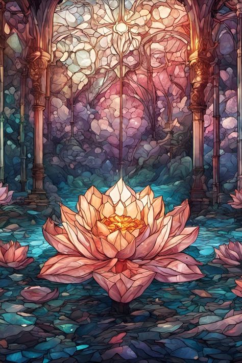 Faux Stained Glass Lotus Flowers Among Gothic Columns Lotus Stained Glass Window, Flower Window Art, Lotus Stained Glass Pattern, Mosaic Stained Glass Ideas, Stained Glass Flower Pattern, Fantasy Stained Glass Art, Gothic Stained Glass Windows Art, Stained Glass Wallpaper Iphone, Disney Stained Glass Art