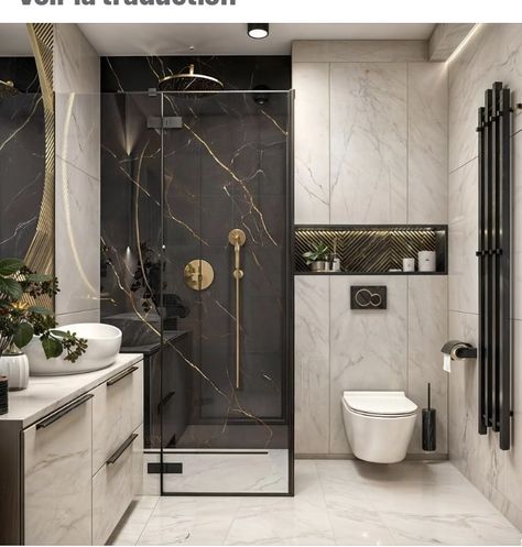 Small Washroom Design, Bathroom Design Styles, Black And Gold Bathroom, Toilet Room Decor, White Marble Bathrooms, Bathroom Design Black, Appartment Decor, Luxury Master Bathrooms, White Bathroom Cabinets