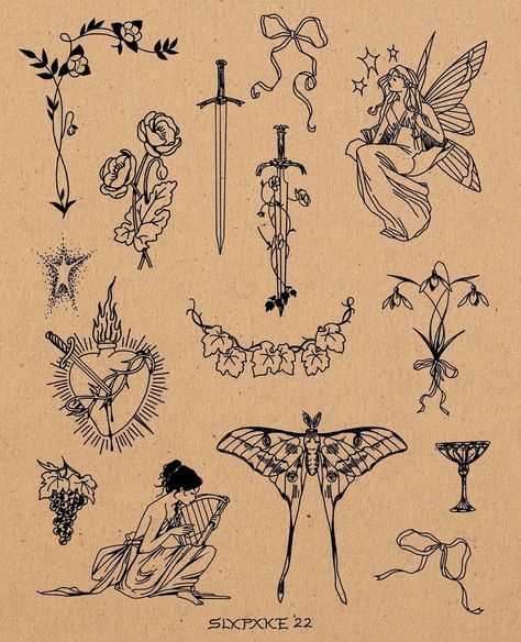 Tattoos Of Vintage Things, Mystical Feminine Tattoos, Alt Music Tattoo, Single Needle Patchwork Tattoo, Vintage Matching Tattoos, The Marias Tattoo, B&w Tattoos, Strange The Dreamer Tattoo, Vintage Inspired Tattoos For Women