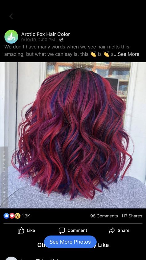 Red Hair With Vivid Highlights, Red And Blue Highlights Hair Color Ideas, Red On Red Highlights, Red Hair With Fun Colors, Purple Hair Red Highlights, Blue Hair With Red Highlights, Dark Red And Blue Hair, Red To Blue Ombre Hair, Blue Red Hair Color