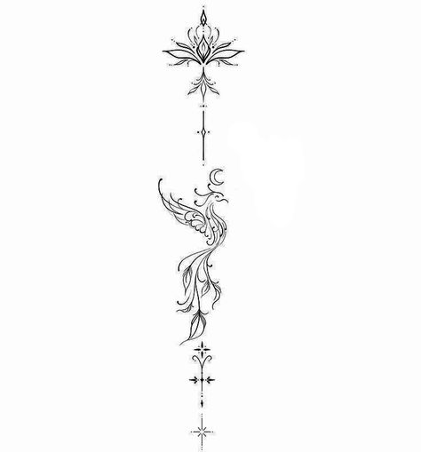 Flower Back Tattoo Women Spine, Greek Mythology Spine Tattoo, Cybersigilism Tattoo Back Design, Pretty Spine Tattoos For Women, Women Spine Tattoo Ideas, Spinal Tattoo Women, Unique Spine Tattoos For Women, Back Tattoo Women Spine, Phoenix Tattoo Feminine