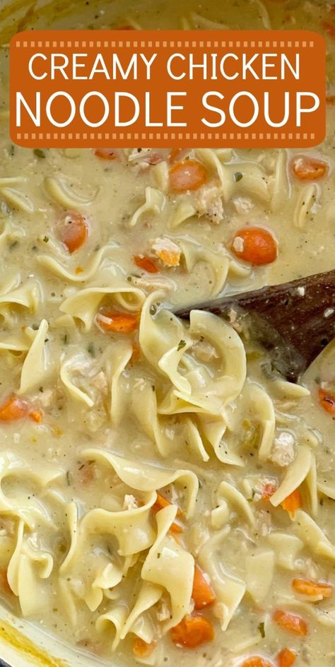 Southern Style Chicken Noodle Soup, Creamy Chicken Noodle Soup Crock Pot, Crockpot Creamy Chicken Noodle Soup, Chicken Noodle Soup Creamy, Easy Creamy Chicken Noodle Soup, Creamy Chicken Noodle Soup Recipe, Crockpot Chicken Noodle Soup, Creamy Chicken And Noodles, Easy Chicken Noodle Soup