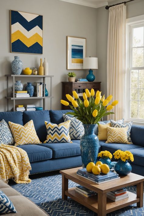 Living Room With Blue Curtains, Curtains Living Room Blue Sofa, Yellow Living Rooms Ideas, Yellow And Blue Living Room, Blue Yellow Interior, Living Room Decor Yellow, Blue And Mustard Living Room, Blue White Living Room, Blue Sofa Living Room Ideas