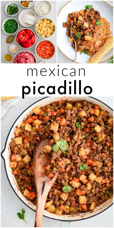 This quick and easy Mexican Picadillo Recipe is a warm and hearty dish of ground beef, potatoes, and vegetables simmered in a warm and flavorful tomato-based sauce. Serve in tacos or with rice and beans for a full and flavorful meal! Light Mexican Food, Easy Picadillo Recipe Simple, Mexican Potatoes And Ground Beef, Easy Mexican Meals Dinners, Mexican Meat And Potatoes, Ground Beef Picadillo Recipes, Easy Picadillo Recipe Mexican, Mexican With Ground Beef, Picadillo Recipe Mexican Authentic