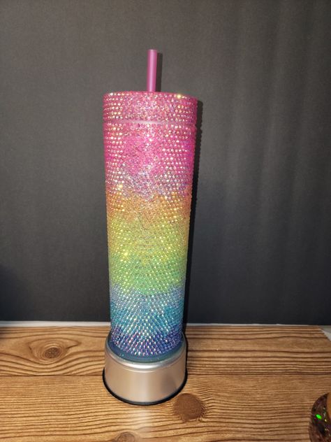 Rhinestones Tumbler, Diy Bedazzled, Rhinestone Name Tumbler, Double Wall Rhinestone Tumbler, Bling Stuff, Rhinestone Ombre Pattern Tumbler, Rhinestone Ideas, Rainbow Rhinestone Tumbler, Rhinestone Cups