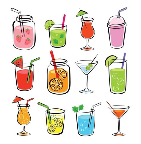 Cartoon Drinks Alcohol, Summer Drinks Illustration, Alcohol Drink Drawing, Cute Smoothie Drawing, Summer Drink Drawing, Cold Drink Illustration, Drawing Of Drinks, Tropical Drink Tattoo, Food And Drink Illustration