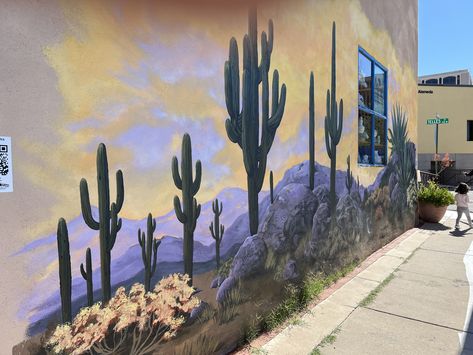 Concrete Wall Mural Outside, Southwest Mural, Airbnb Build, Backyard Painting, Backyard Mural, Wall Murals Painted Diy, Garden Fence Art, Outside Paint, Mountain Mural