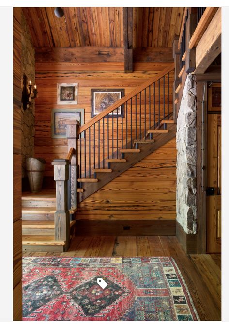 Cabin Entryway Ideas, Cabin Staircase, Cozy Cabin Aesthetic, Cabin Stairs, Staircase Design Ideas, Rustic Staircase, Cabin Loft, Log Cabin Living, Log Home Interiors