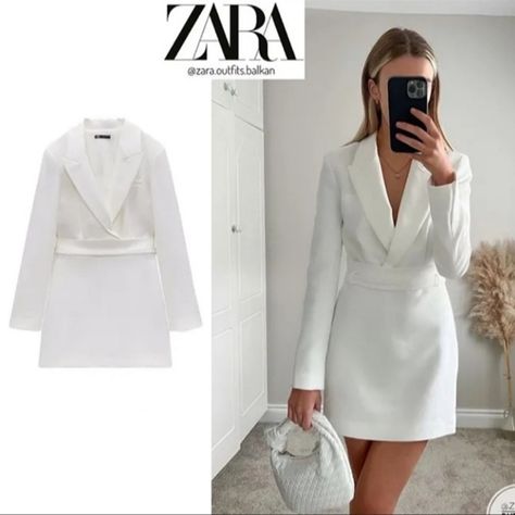 Zara Blogger White Blazer Dress Blazer Dress White, Zara Blazer Dress, White Blazer Dress, Printed Green Dress, Yellow Knit Dress, Strapless Denim Dress, White Dress Formal, Blazer Mini Dress, Black Ruffle Dress