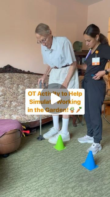 FOX Rehabilitation on Instagram: "Danielle Cicala, MS, OTR/L working with her patient Barry to help get him back in the garden again! He demonstrates doing a simulated garden activity to practice stepping sideways between the rows of his plants with his cane to prevent falls! 🪴🥕  He practiced picking veggies with the resistive clips and then pulling weeds with the @theraband! 💪  His goal is to safely garden again by improving his use of the cane/rollator walker, dynamic balance, functional mobility, fine motor skills, and BUE strength!  #gardening #gardeninglife #occupationaltherapy #occupationaltherapist #otlife #otactivities #garden #otrl #foxrehab #functionalmovement #theraband #functionalmobility #finemotorskills" Occupational Therapy Activities For Cognition, Fine Motor Adults, Occupational Therapy Balance Activities, Inpatient Rehab Occupational Therapy, Adaptive Gardening, Geriatric Activities, Knee Mobility, Garden Activity, Geriatric Occupational Therapy