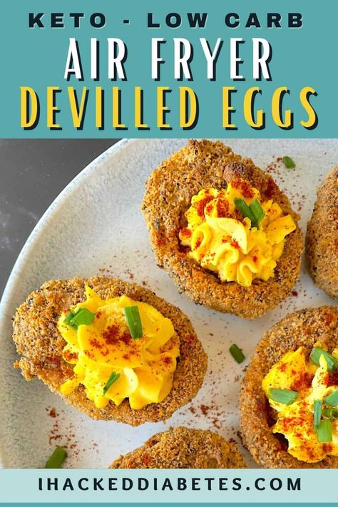 Crispy and creamy devilled eggs made with a keto crust, perfect appetizer made in the air fryer. #keto #lowcarb #airfryer Deviled Eggs Air Fryer, Eggs Air Fryer, Creamy Deviled Eggs, Keto Crust, Low Carb Air Fryer Recipes, Buffalo Deviled Eggs, Lazy Keto Recipes, Low Carb Air Fryer, Fried Deviled Eggs