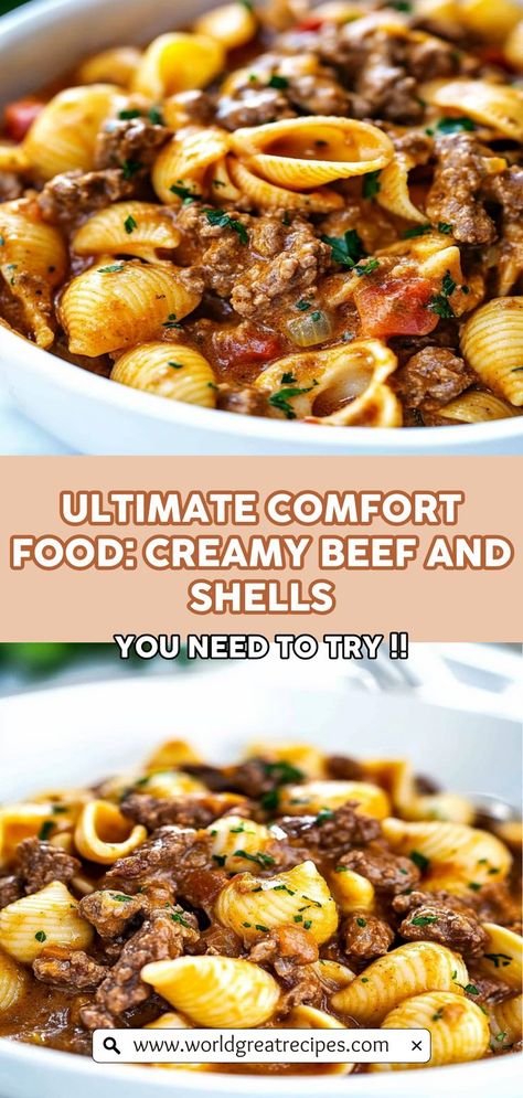 Discover the secret to a perfect family meal with our Cheesy Beef Pasta recipe! This Creamy Beef and Shells dish combines tender ground beef with pasta shells and a rich, cheesy sauce for a dinner that satisfies every craving. It's quick to prepare, making it an ideal choice for busy weeknights. Serve it alongside a fresh salad or crusty bread for a complete meal everyone will adore. Make your dinner memorable with this cheesy, hearty delight that brings everyone together around the table! Ground Beef With Pasta, Cheesy Beef Pasta, Creamy Beef And Shells, Beef And Shells, Quick Easy Family Meals, Shell Pasta Recipes, Beef Pasta Recipes, Shells Recipe, Ground Beef Pasta