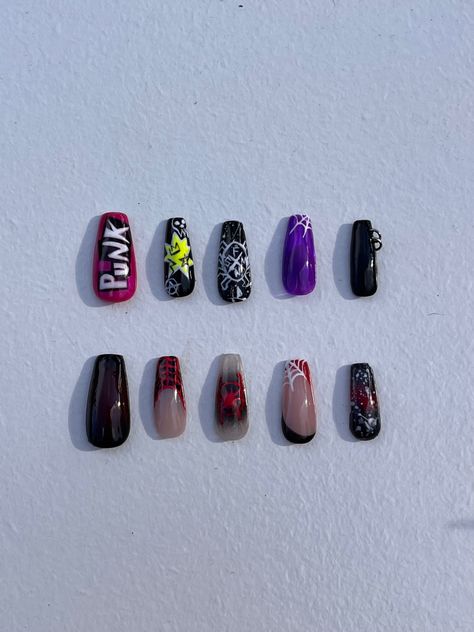 Spiderverse Nails Designs, Spiderman Across The Spider Verse Nails, Spiderman Nails Miles Morales, Spiderpunk Nails, Spider Punk Nails, Spiderman Themed Nails, Spider Verse Nails, Miles Morales Nails, Marvel Nails Designs