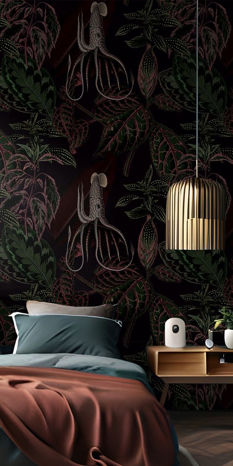 Dark-themed wallpaper with an octopus and botanical elements, available in peel-and-stick or vinyl for a bold and artistic home decor touch. Dramatic Peel And Stick Wallpaper, Dark Moody Wallpaper, Vinyl Mural, Moody Wallpaper, Artistic Home Decor, Botanical Home Decor, Botanical Home, Peel And Stick Wall Mural, Botanical Elements