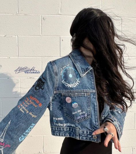 Concert Denim Jacket, Eras Tour Jean Jacket Ideas, Eras Your Denim Jacket, Taylor Swift Denim Jacket Diy, Swiftie Jean Jacket, Coldplay Denim Jacket, Eras Tour Denim Jacket Diy, The Eras Tour Jean Jacket, Taylor Swift Jacket