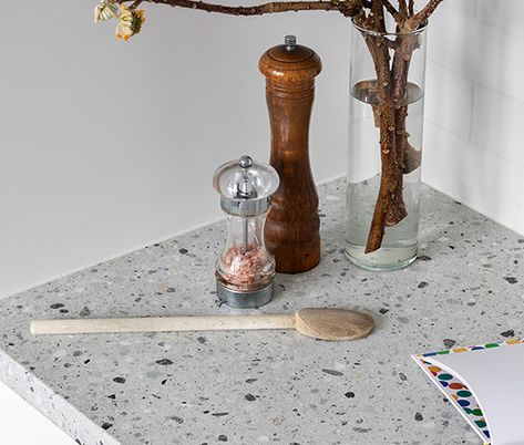 Terrazzo Benchtop Kitchen, Terrazzo Benchtop, Kitchen Benchtops Ideas, Laminate Benchtop, Kaboodle Kitchen, House Renos, Open Plan Living And Dining, Kitchen 2020, Kitchen Benchtops