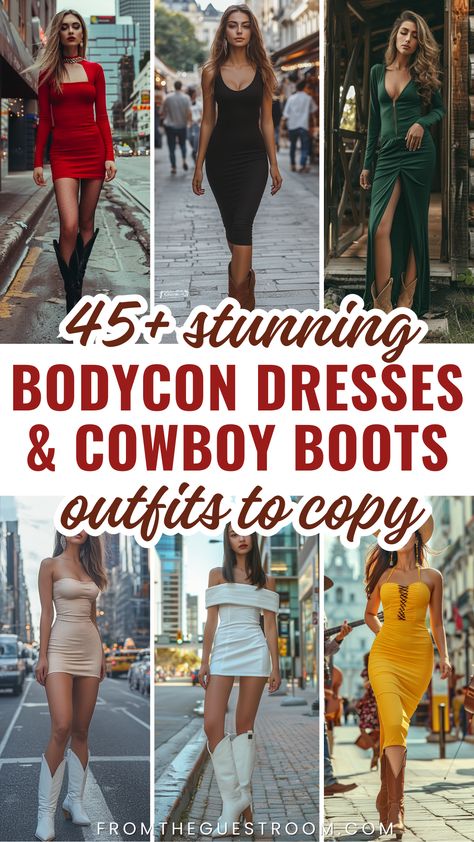 women wear bodycon dresses and cowboy boots, western outfits Black Satin Dress With Cowboy Boots, Cowgirl Boots Formal Outfit, Talk Western Boots Outfit, Evening Gown With Cowboy Boots, Red Dress Cowboy Boots Outfit, Over The Knee Western Boot Outfit, Bodycon Dress With Cowboy Boots, Outfits With Knee High Cowboy Boots, Long Sleeve Dress With Cowboy Boots