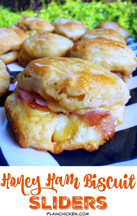 Honey Ham Biscuit Sliders - Football Friday | Plain Chicken® Honey Ham Biscuit Sliders, Biscuit Sliders, Honey Ham Biscuits, Brunch Treats, Refrigerator Biscuits, Lunch Stuff, Dog Muffins, Ham Biscuits, Breakfast Sliders