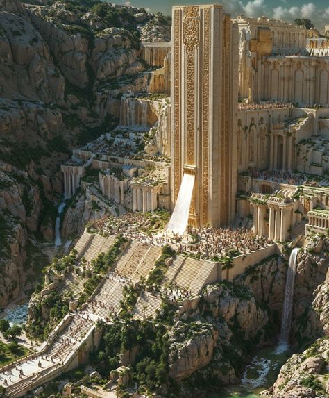 Uruk City, New Era Aesthetic, Era Aesthetic, Cliff Side, Arcology, Sci Fi City, Dream Fantasy, Rennaissance Art, Fantasy City