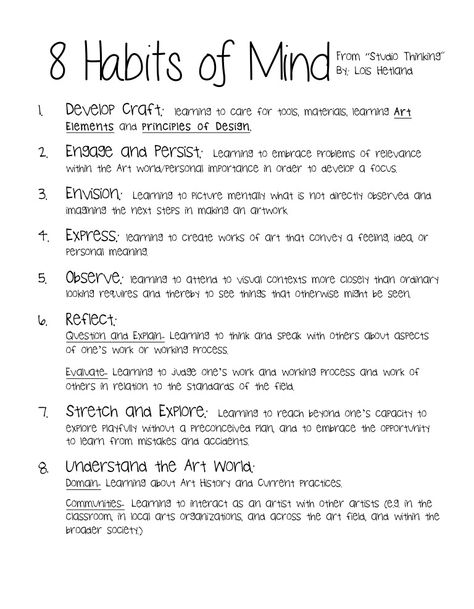 8 habits of mind to get the creative juices flowing, not just for the artistically inclined Studio Habits Of Mind, Tab Art, Art Room Posters, Art Handouts, Habits Of Mind, Art Rules, Art Teaching, Reflection Questions, Art Worksheets