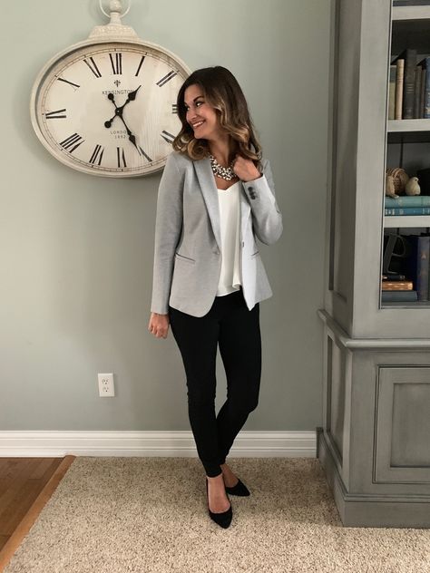 Ready for work outfit - grey blazer with black pants #justpostedblog #ShopStyle #shopthelook #MyShopStyle #OOTD #LooksChallenge #ContributingEditor #Lifestyle Business Casual Outfits For Women Grey Blazer, Business Casual Outfits For Women Grey Pants, Dressing For Work Business Casual, Womens Blazer Outfit Business Work, Work Clothes Outfits, Work Black Pants Outfit, Woman Work Outfit Professional, Womens Grey Blazer Outfit, Gray Jeans Work Outfit